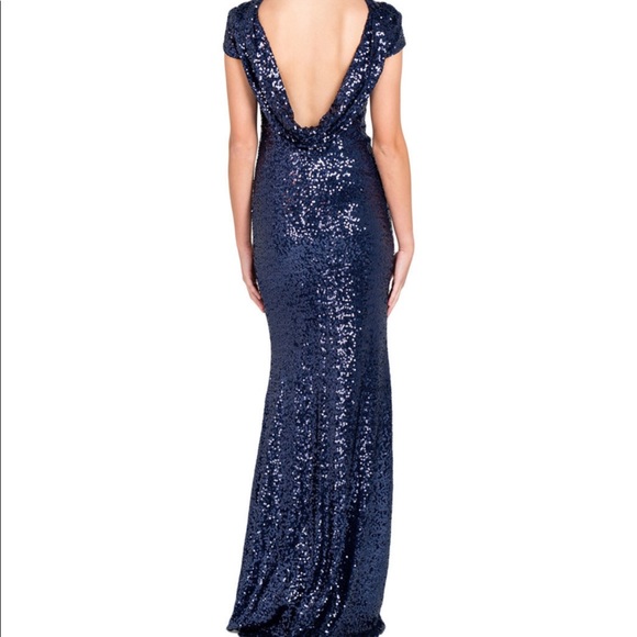Badgley Mischka Navy Cap-Sleeve Sequin Drape Back Gown - Picture 3 of 11